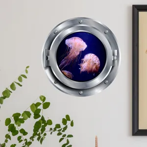 Luminous 3D porthole wall sticker featuring deep sea jellyfish, perfect for kids room.