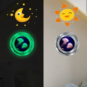 Luminous fake window wall sticker detail showing day and night glowing jellyfish design for kids room.