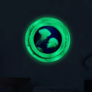 Glow in the dark wall sticker featuring a porthole design with jellyfish for room decor.