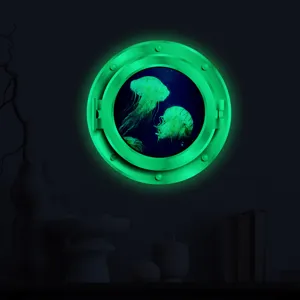 Luminous fake window wall sticker featuring jellyfish design, glowing in dark for kids room decor.