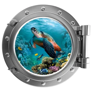 Closeup of 3D underwater porthole wall sticker detail, showing vibrant coral reef and sea turtle.