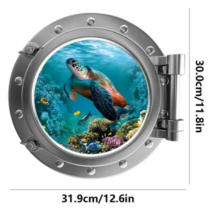 Glow-in-the-dark ocean underwater sea turtle porthole wall sticker detail view 30x32cm