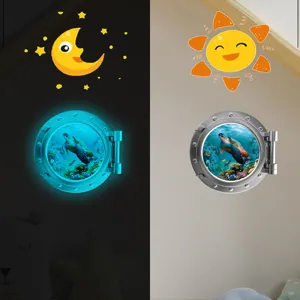Luminous porthole wall sticker, cartoon sea turtle glow in the dark, kids room decor.