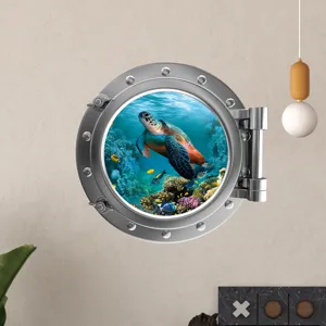 Ocean marine turtle wall sticker detail showing vivid underwater coral reef scene inside porthole.