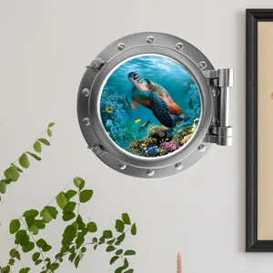 3D Underwater Sea Turtle Porthole Wall Sticker Cartoon Ocean View Decal for Kids Room Decor