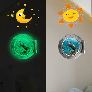 Luminous wall stickers with sea turtle porthole and cute cartoon sun moon for kids room decor.