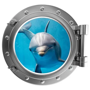 Detail of glowing porthole wall sticker featuring a cute dolphin design for kids room decor.