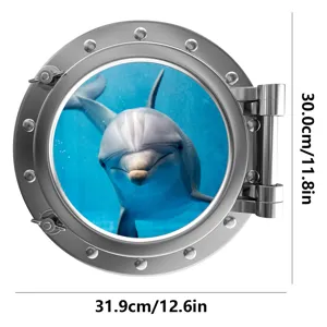 Luminous porthole dolphin wall sticker 3D fake window decor for children room kids bedroom.