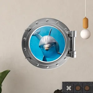 Glow in the dark 3D porthole dolphin wall sticker for kids room kindergarten decor