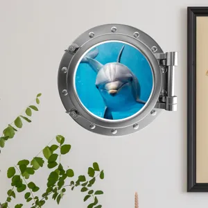 3D dolphin porthole wall sticker detail view, creating an underwater ocean world effect for kids.