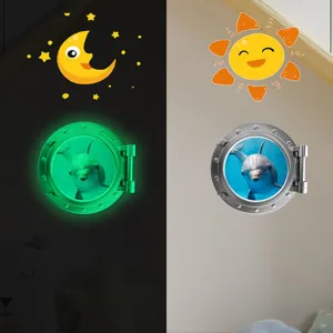 Glow in the dark dolphin porthole wall sticker for kids room decoration, bright at night.