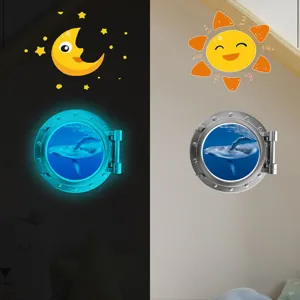 Luminous cartoon porthole wall sticker for kids room, day and night glowing decor design.