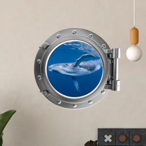 Glow in the dark ocean whale porthole wall sticker for kids room background decoration.