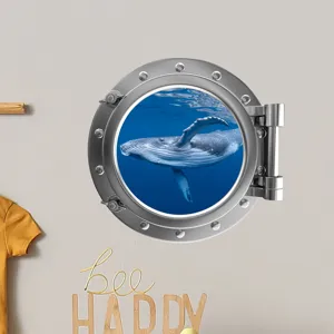 Glow in the dark porthole wall sticker for kids room cartoon ocean whale window decor