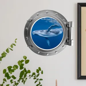 Porthole whale wall sticker fake window decal for kids room nursery bedroom background decor