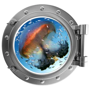 Luminous porthole wall sticker featuring ocean jellyfish and fish, perfect for kids room decor.