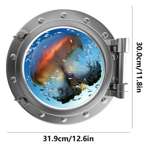 Luminous porthole wall sticker, cartoon ocean jellyfish design for kids room decor detail.