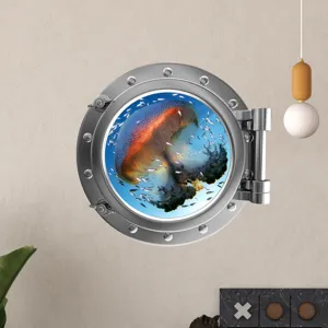 Closeup of luminous porthole wall sticker featuring ocean jellyfish design for kids room detail view.