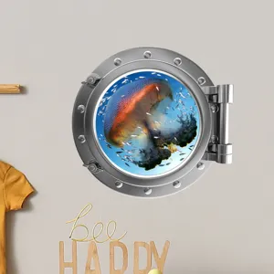 Luminous jellyfish porthole wall sticker for kids room, cartoon round window decor.