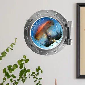 Detail view of luminous porthole jellyfish wall sticker, ocean window design for kids room decor.