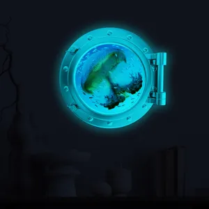 Luminous porthole wall sticker, glow in the dark jellyfish window decal for room decor.