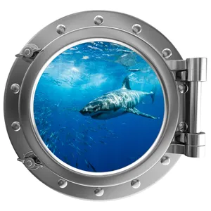 3D porthole wall sticker with shark ocean design, perfect for kids room and kindergarten decor.
