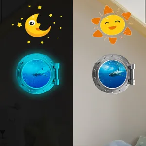 Luminous cartoon porthole wall sticker detail showing vivid shark design and night glow effect.