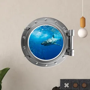 3D underwater shark porthole wall sticker for children's room decor detail view