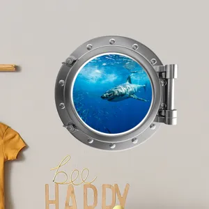 3D porthole shark wall sticker ocean theme removable vinyl decal for kids room nursery decor