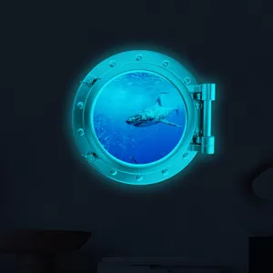 Luminous fake window wall sticker featuring a shark under-the-sea design for kids room decor.
