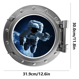 Detailed view of luminous space porthole wall sticker featuring an astronaut in outer space.
