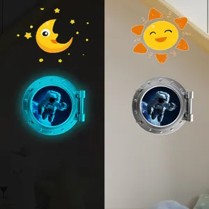 Detailed view of luminous space astronaut porthole wall sticker for kids room nursery.