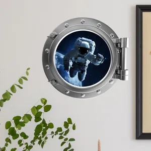 Luminous astronaut porthole wall sticker, 3D space window decal for kids bedroom decor.