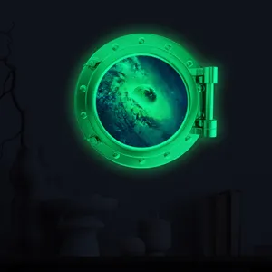 Luminous fake window wall sticker 3D glowing galaxy porthole sticker for kids room decor.