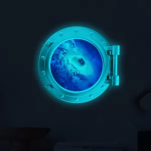 Luminous porthole wall sticker, glowing space galaxy view decal for kids room background decor.