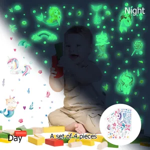 Autocollants muraux sirène et licorne phosphorescents chambre enfant, lot de 4.