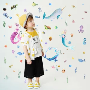 Stickers muraux lumineux sirène animaux marins pour chambre d'enfant décoration vert bleu