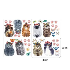 Détail d'autocollant mural chat aquarelle montrant des chatons mignons et papillons.