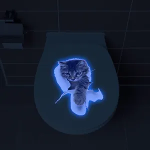 Luminous 3D cat toilet sticker glowing wall decal bathroom decor waterproof PVC design.