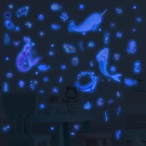 Stickers muraux lumineux sirene animaux marins pour chambre d'enfant decoration bleu