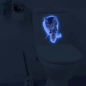 Glow in the dark 3D cat toilet sticker waterproof removable wall decal for home decor bathroom.