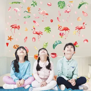 Stickers muraux flamant rose plante tropicale decoration chambre d'enfant autocollant
