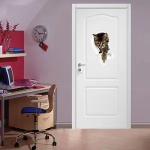 3D broken wall cat wall sticker, realistic animal door sticker for home room decor, PVC material.