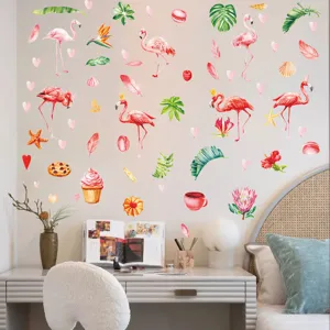 Autocollants muraux tropicaux flamant rose pour deco chambre enfant, stickers feuilles fleurs.