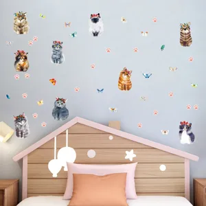 Stickers muraux chat mignon lumineux, autocollants aquarelle chat phosphorescent chambre.