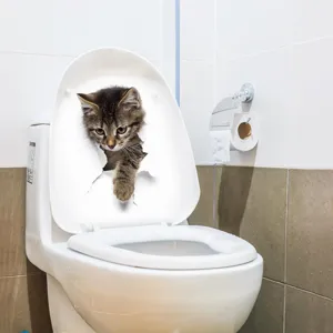 3D broken wall cat toilet sticker luminous funny animal wall decal for bathroom home decor