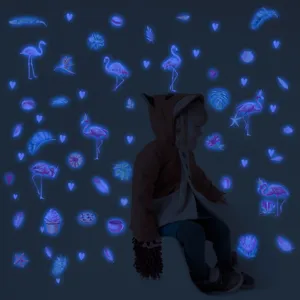Stickers muraux flamant rose lumineux pour chambre d'enfant autocollants décoratifs bleus.