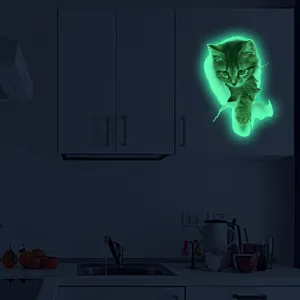 Luminous 3D cat wall sticker detail view showing glowing effect in dark room for home decor.