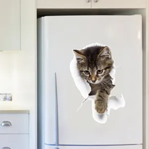 3D wall breaking cat sticker, realistic feline decal for home decor, fridge and wall.