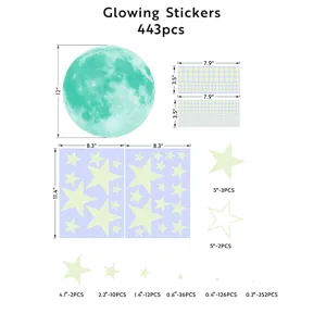 Set de 443 autocollants muraux lune et étoiles lumineux pour chambre d'enfant brille dans noir
